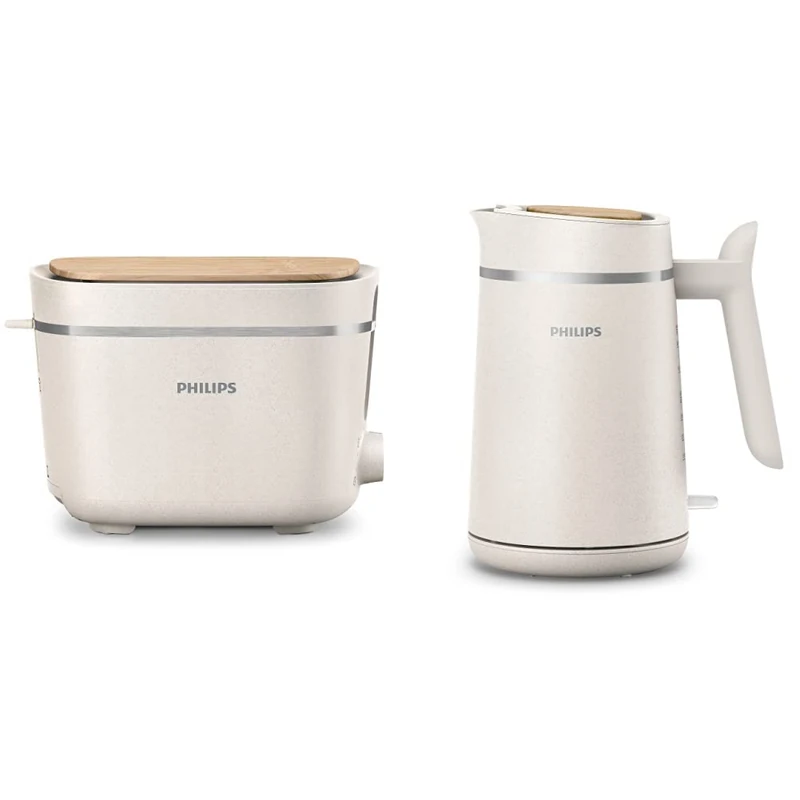 Philips Eco Conscious Edition Toaster 5000 Series, HD2640/11 & Philips Eco Conscious Edition Kettle 5000 Series, Cordless + 360° Pirouette Base, Silk White Matt Finish, HD9365/11