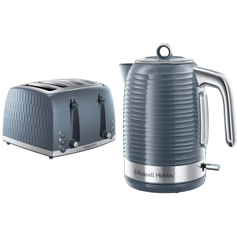 Russell Hobbs 26073 4 Slice Toaster - Contemporary Honeycomb Design with Extra Wide Slots and High Lift Feature, Grey & 24363 Inspire Electric Kettle,Grey, 3000 W