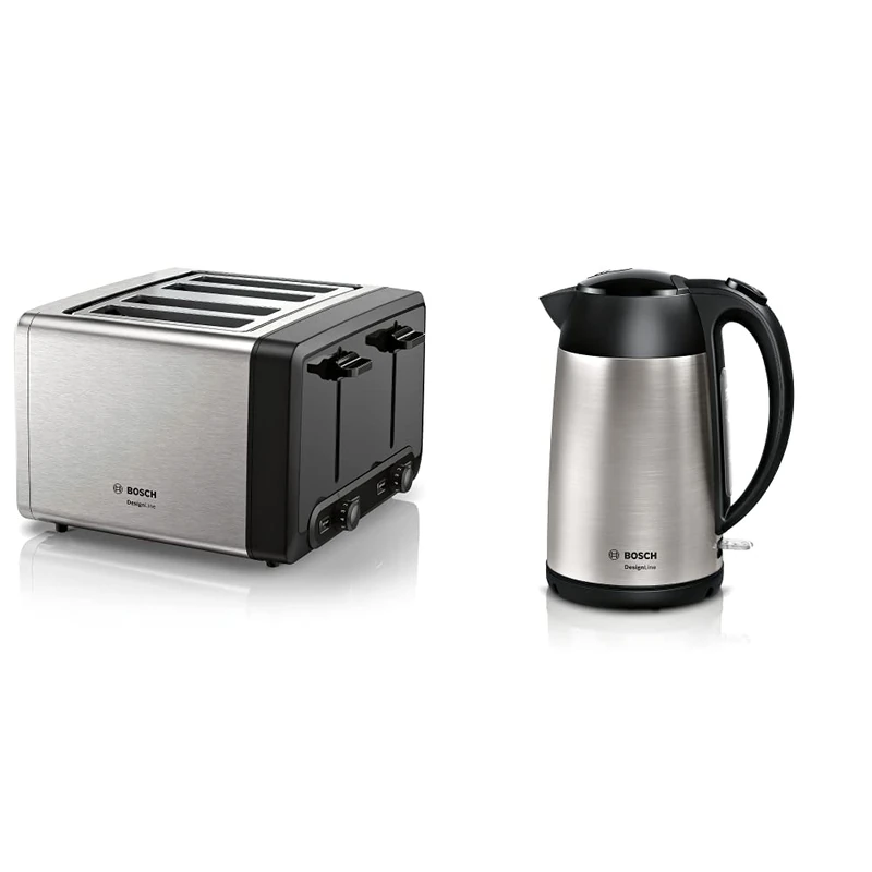 Bosch DesignLine Plus TAT4P440GB 4 Slot Stainless Steel Toaster with variable controls - Stainless Steel & TWK3P420GB Kettle, Stainless Steel, 3000 W, 1.7 liters, Silver