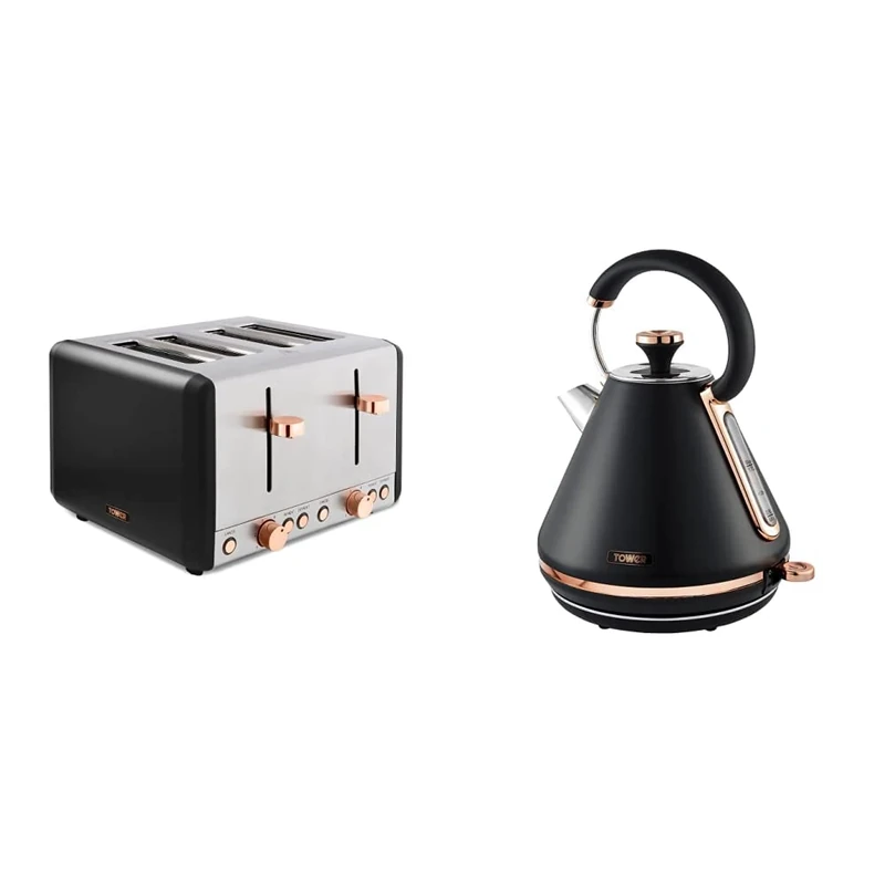 Tower T20051RG Cavaletto 4-Slice Toaster with Defrost/Reheat, Black and Rose Gold & T10044RG Cavaletto Pyramid Kettle with Fast Boil, Detachable Filter, 1.7 Litre, 3000 W, Black and Rose Gold