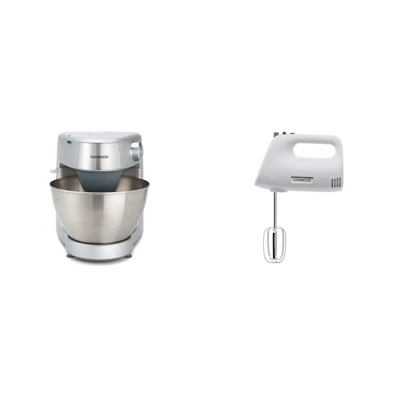 Kenwood Prospero Plus KHC29.A0SI Stand Mixer for Baking, Compact 4.3 Litre Bowl, 3 Bowl Tools, 1000 W, Silver & Hand Mixer,Electric Whisk, 5 Speeds, 450 W, HMP30.A0SI, White