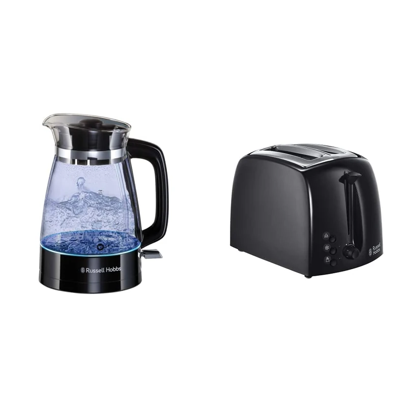 Russell Hobbs 26080 Hourglass Cordless Electric Glass Kettle - Artisan Inspired Design, 1.7 Litre, 3000 Watt & 21641 Textures 2-Slice Toaster, 700-850 W, Black