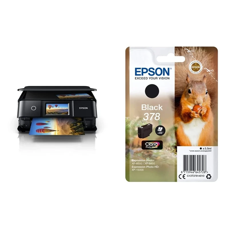 Epson Expression Photo XP-8700 Print/Scan/Copy Wi-Fi Printer, Black & 378 Black Squirrel Genuine, Claria Photo HD Ink Cartridge