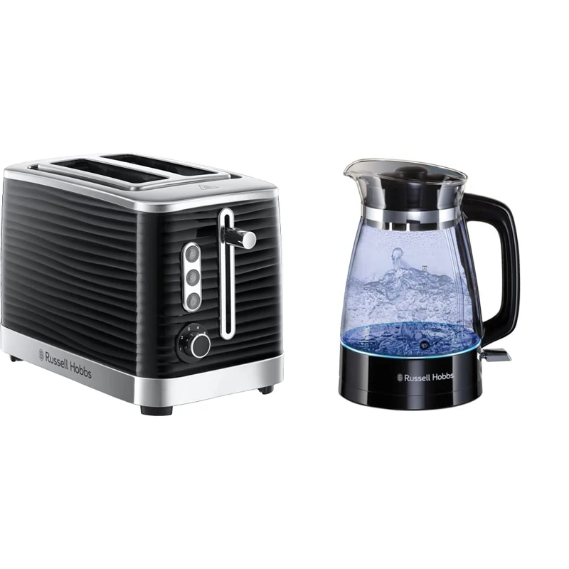 Russell Hobbs 24371 Inspire High Gloss Plastic Two Slice Toaster, Black & 26080 Hourglass Cordless Electric Glass Kettle - Artisan Inspired Design, 1.7 Litre, 3000 Watt