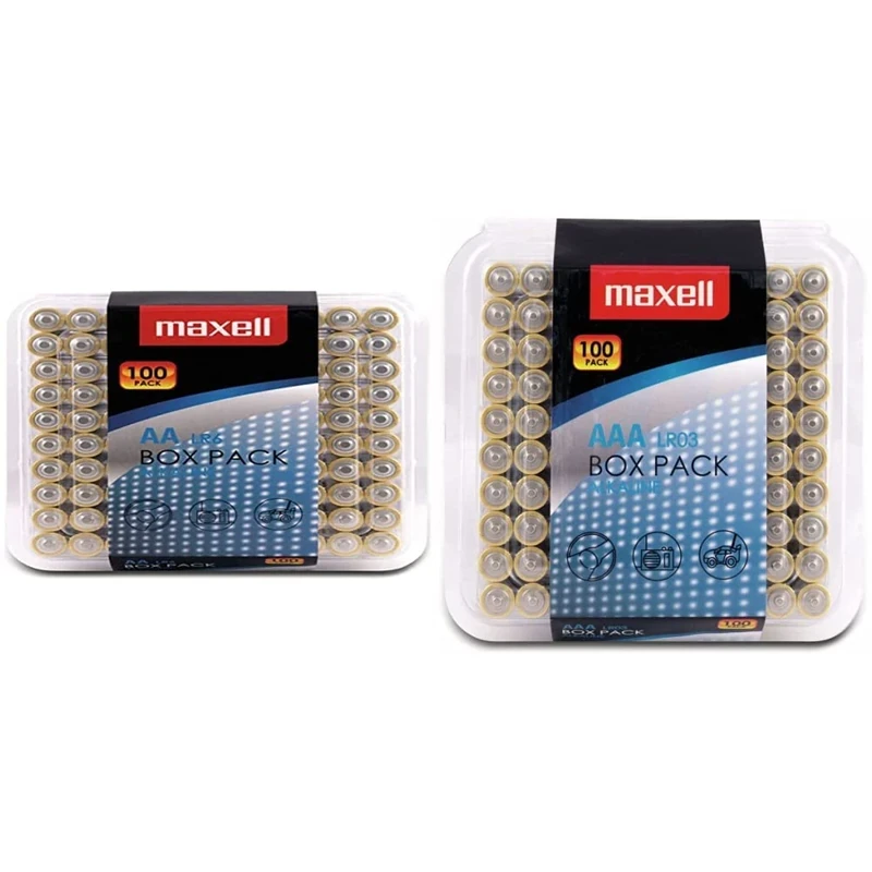 Maxell 790410 Alkaline LR03 AAA Batteries Box Pack (100 Pack) & Alkaline LR6 AA Batteries Box Pack (100 Pack) - Image 1