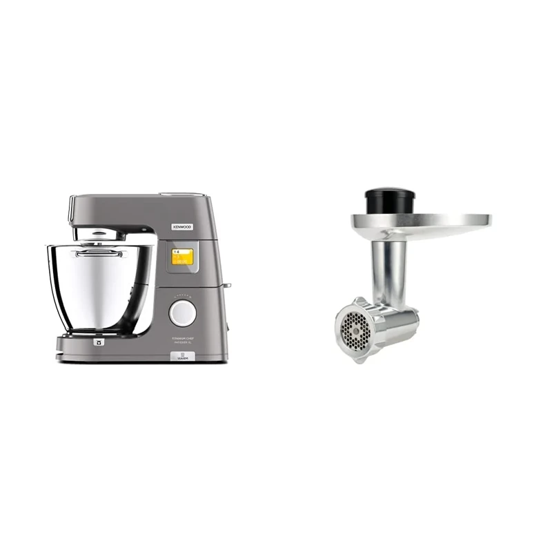Kenwood Titanium Chef Patissier XL Stand Mixer for Baking- Powerful Food Mixer, With K-Beater, Dough Hook, Whisk, and 2 Bowls 5L and 7L, KWL90.004SI, 1400W, Silver & KAX950ME Food Mincer Attachment