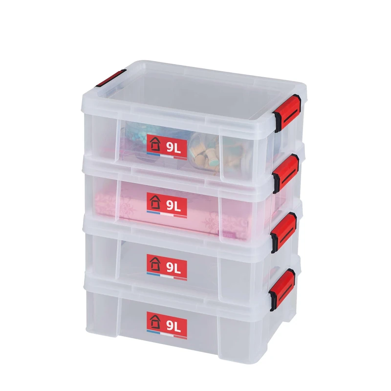 Sundis set of 4 reinforced CLIP'N STORE 9L containers - Transparent with clip-on lid, stackable, suitable for food contact