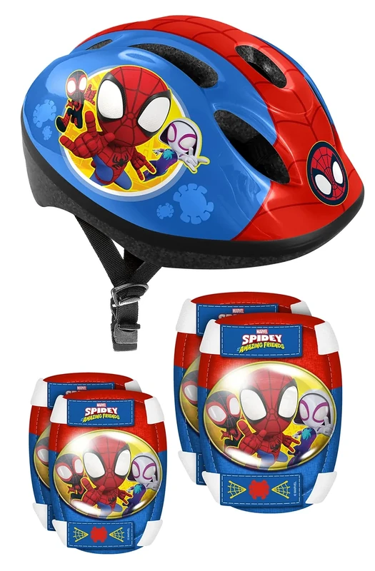 STAMP Spidey Unisex Youth Helmet + Elbow & Knee Pads, Blue/Red, 50-56 cm
