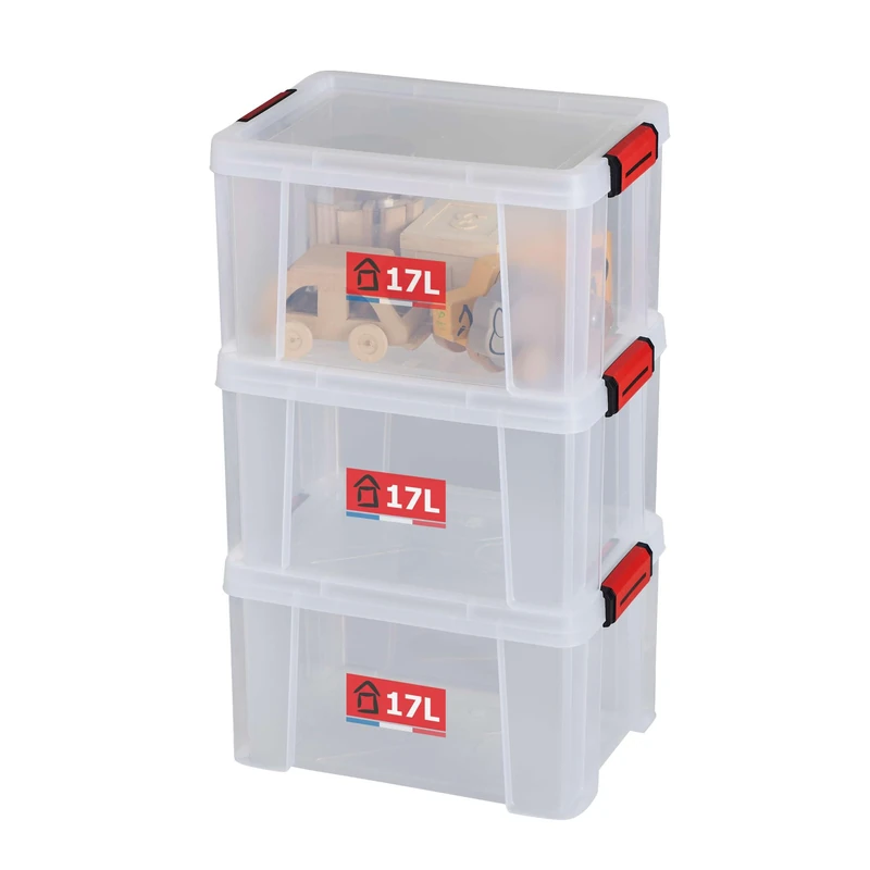 Sundis set of 3 reinforced CLIP'N STORE 17L containers - Transparent with clip-on lid, stackable, suitable for food contact