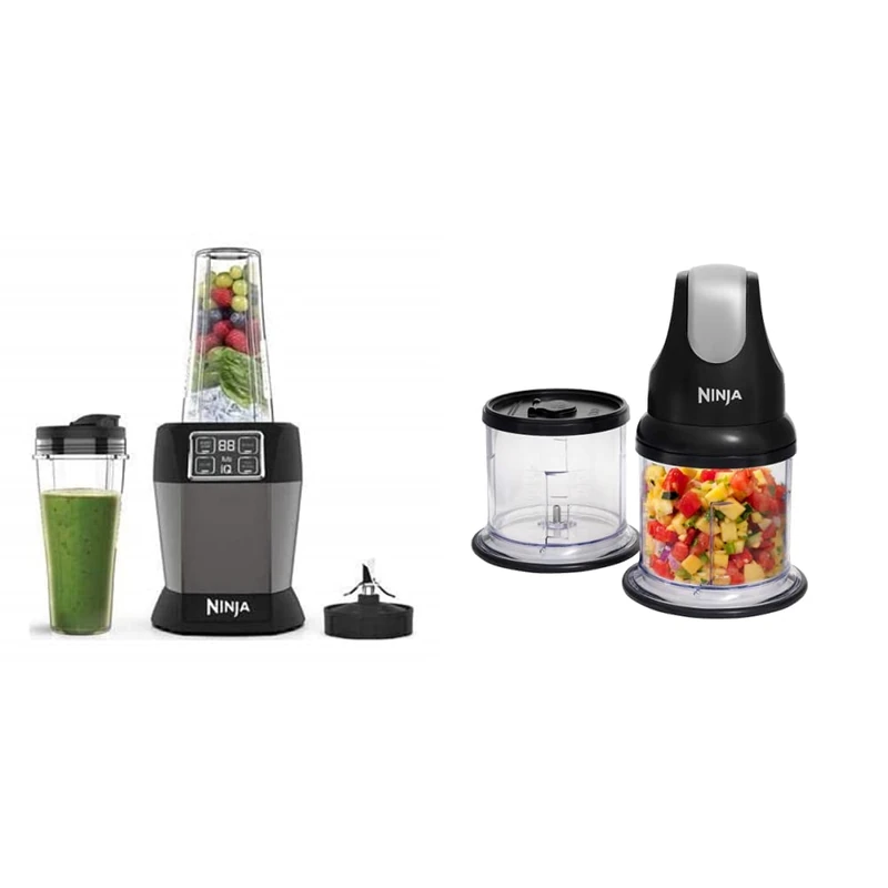 Ninja Blender with Auto-iQ [BN495UK] 1000 W, 2 x 700 ml Cups, Black/Silver & Ninja Professional Chopper [NJ1002UKBK] Stackable, 200W, Black