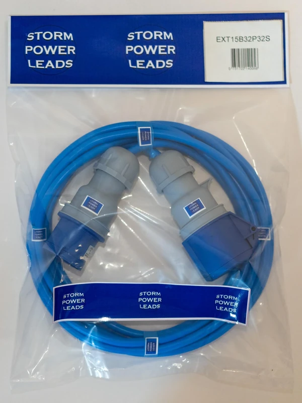 STORM POWER LEADS 32 AMP BLUE ELECTRIC CARAVAN HOOK UP EXTENSION LEAD 5M - 25M 240V MAINS CABLE (15M)