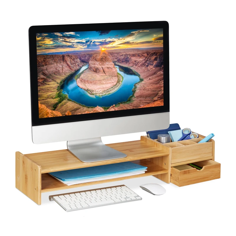 Relaxdays Monitor Stand Bamboo, Screen Raiser with Compartments, HWD 13 x 70 x 19 cm, 7 compartments, Natural Wood - Image 1