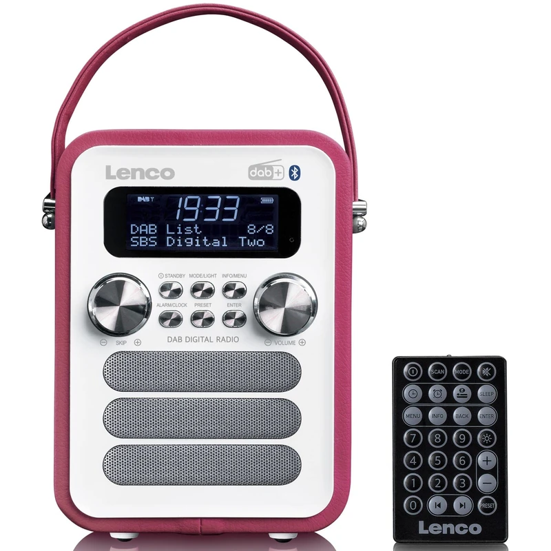 Lenco PDR-051 Portable DAB+ Retro Radio - PLL FM Radio with Bluetooth - Integrated Battery - 1800 mAh - Clock and Timer - 5 Watt RMS - Remote Control - Pink