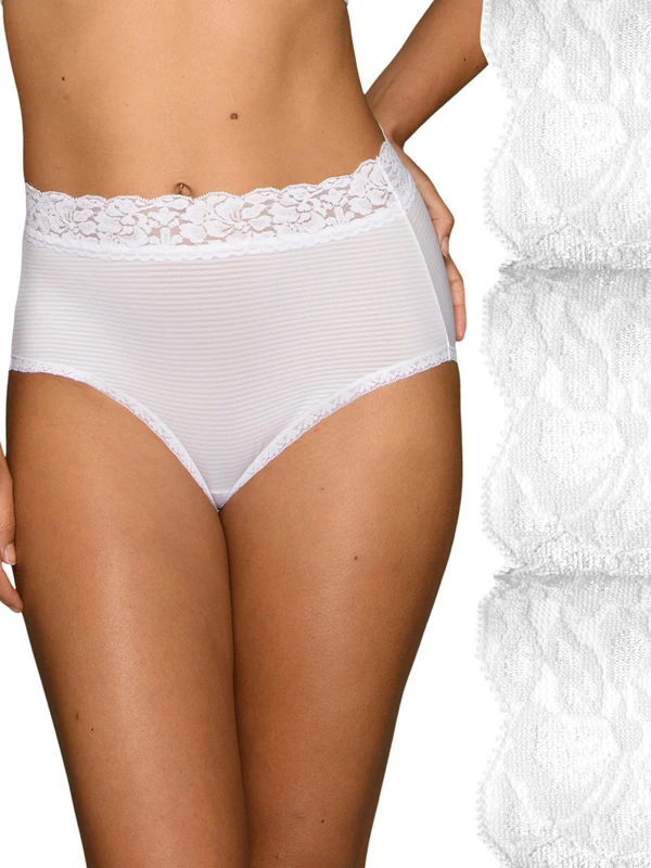 Vanity Fair Women's Flattering Lace Panties, Brief-3 Pack-White/White/White Stripe, 6