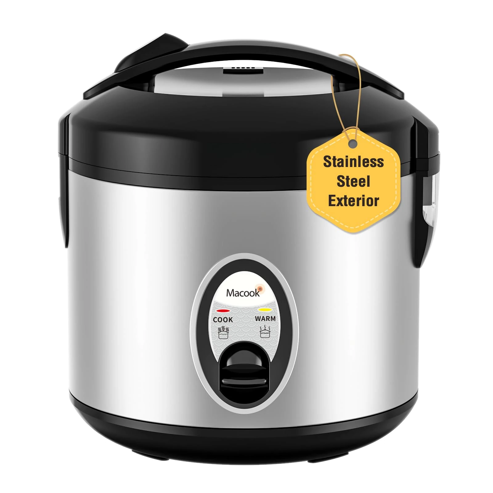 Macook Rice Cooker & Steamer (5 Cups, 1 Litre) for 1-10 People - Stainless Steel, Non-Stick Pot, BPA-Free, Automatic Cooking and Auto Warm Function - High-Temperature Protection Design - 400W