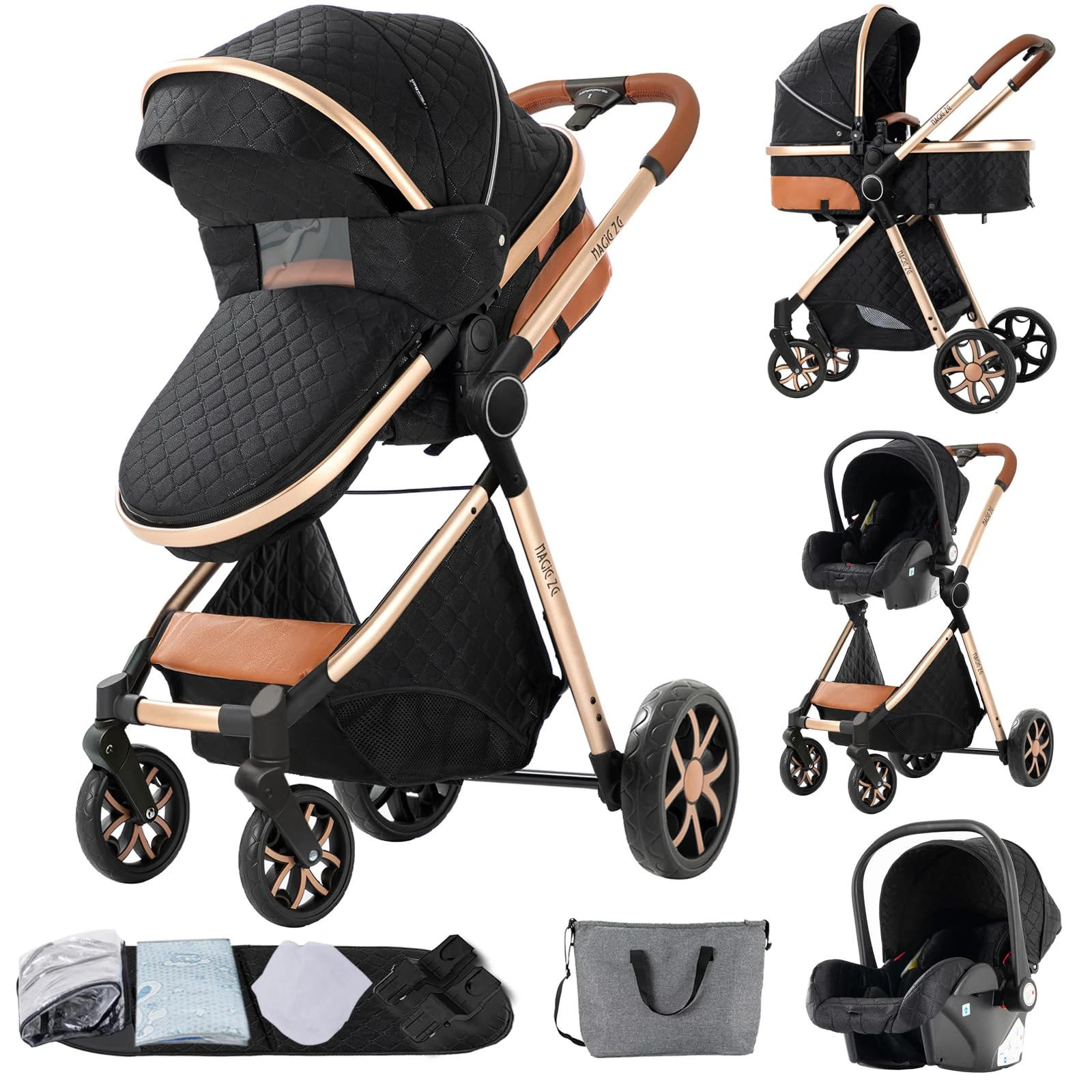Magic ZC 3 in 1 Pushchair Pram Travel System, Baby Stroller 3 in 1 with Reversible Two Pushing Modes, Newborn Infant Buggy Aluminum Frame, Toddler Carriage One-Click Folding (V9 Black)
