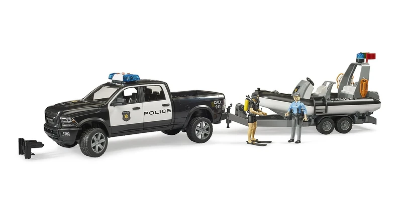 Bruder 02507 - RAM 2500 Police Pick-up, Light and Sound Module, Trailer with Boat, 2 Figures - 1:16 Emergency Car Emergency Service Police Officer Diver Off-Road Vehicle Inflatable Boat Bworld Toy