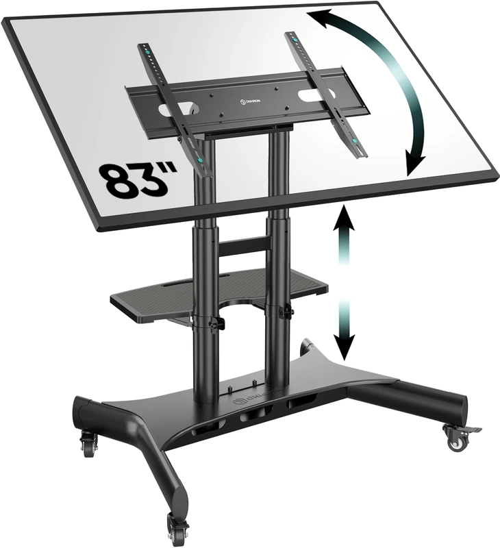 ONKRON Mobile TV Stand on Wheels for 50" - 83" Screen & Interactive Panel, TV Trolley Stand on Wheels up to 70 kg - TV Floor Stand VESA 100x100-800x500/Height Adjustable TV Stand Tilt TS1380-B Black