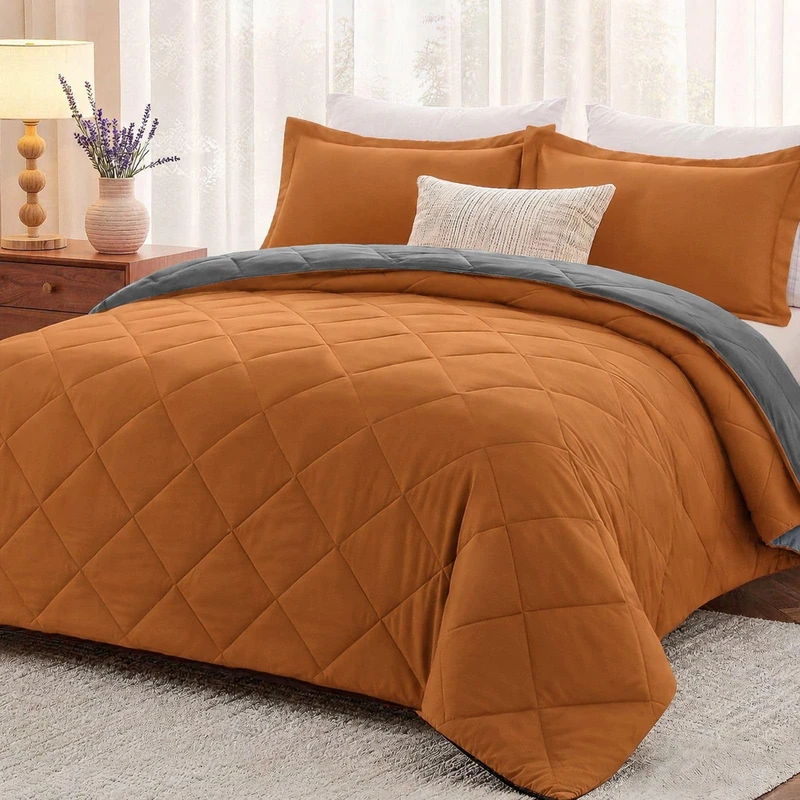 Downluxe King Size Comforter Set - Burnt Orange/Grey King Comforter, Soft Bedding Comforter Sets for All Seasons, 3-Piece Set - 1 Comforter (104"x92") and 2 Pillow Shams(20"x36")