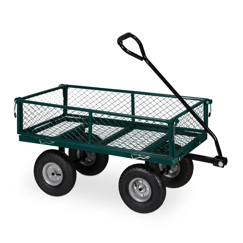 Relaxdays Heavy-Duty Cart, Practical Garden Trolley, Pneumatic Wheels, Fold Down Sides, up to 200 kg, Steel, Green