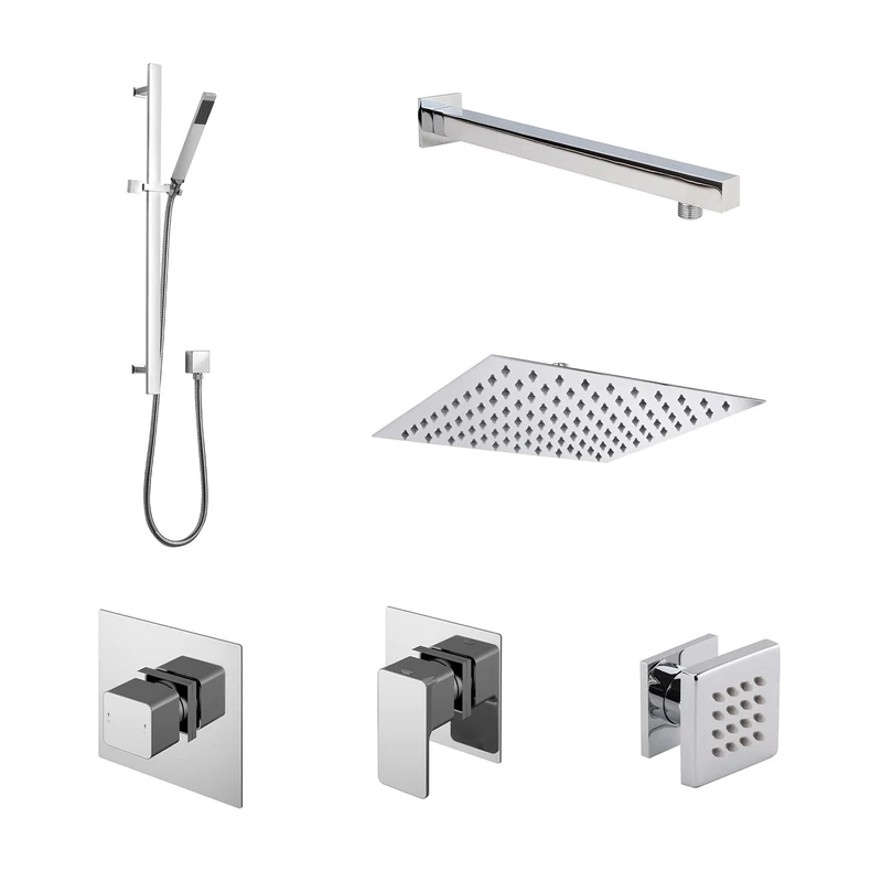 nuie SBS135ST3 Windon Spa Modern Bathroom Shower Bundle with Temperature Valve, 3 Stop Taps, Arm, Head, Slide Rail Kit and 3 Body Jets, 685mm, Chrome