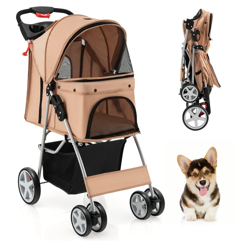 GYMAX Folding Pet Stroller with 4 Wheels, Safety Belt (Beige) - Image 1