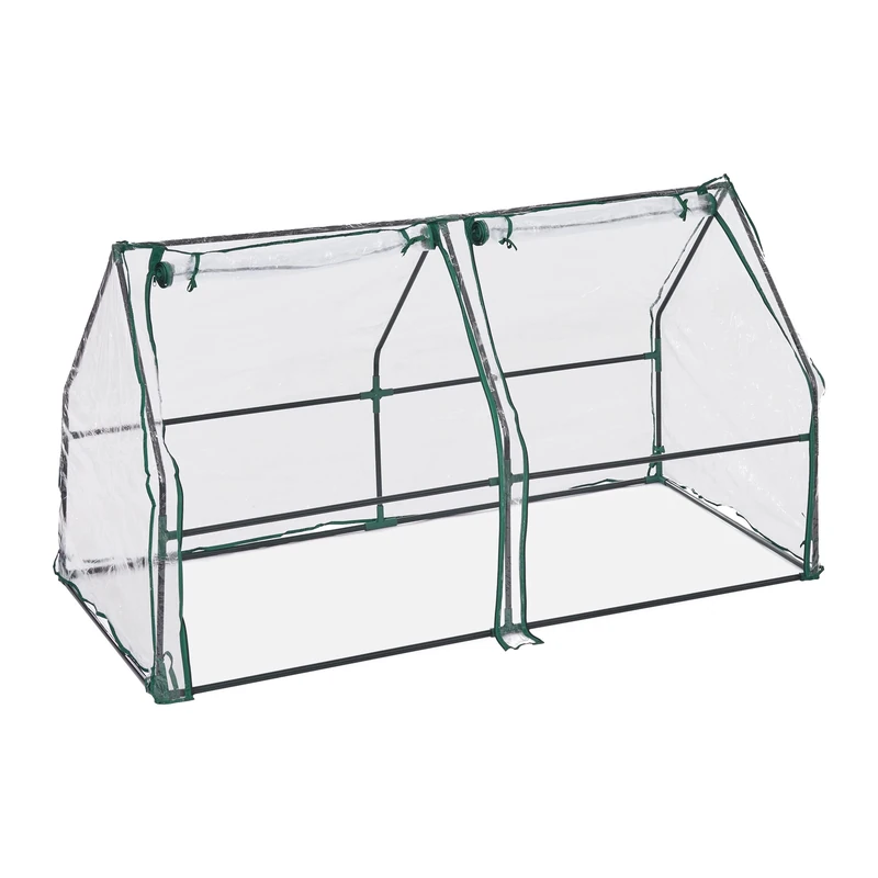 Relaxdays Cold Frame, 2 Doors, Garden mini Greenhouse, Zipper, Hook & Loop, HxWxD: 90 x 180 x 90 cm, Transparent/Green, Steel