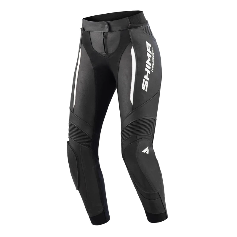 SHIMA Miura 2.0 Motorbike Pants - Leather, Womens, Sport Pants with HIPS & Knees Protectors, Perforated Leather, Elastic Panels, for 2-Piece Suit (32, Black/White) - Image 1
