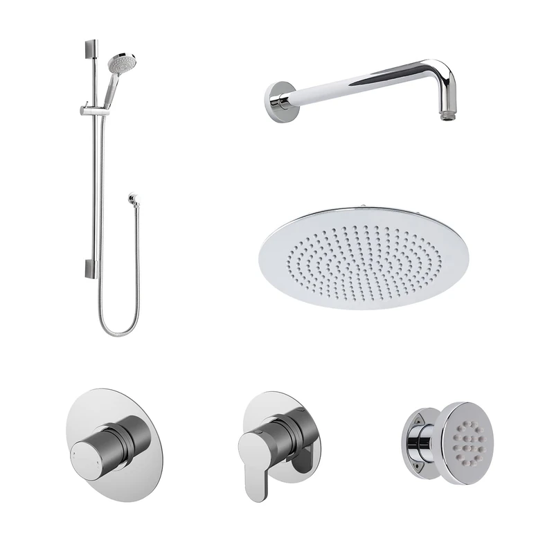 nuie SBR134ST3 Arvan Spa Modern Bathroom Shower Bundle with Temperature Valve, 3 Stop Taps, Arm, Head, Slide Rail Kit and 3 Body Jets, 830mm, Chrome - Image 1