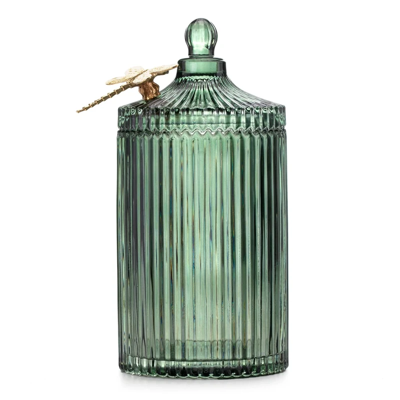 AmeliaHome Glass Storage Box with Lid Cosmetic Box Dragonfly 10.5 x 20 cm Bottle Green