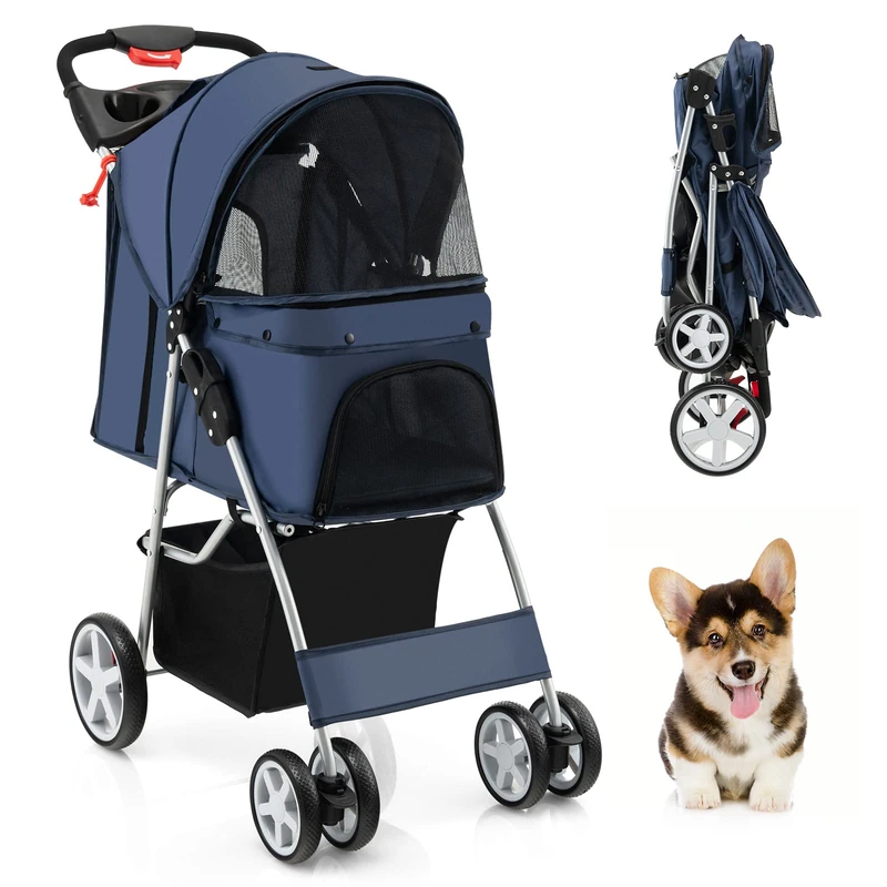 GYMAX Folding Pet Stroller with 4 Wheels, Safety Belt (Blue) - Image 1