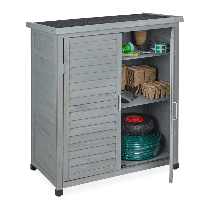 Relaxdays Garden Cabinet, 3 Compartments, Flat Roof with Slope, Double Door, 97 x 86.5 x 47 cm, Tool Storage, Wood, Grey