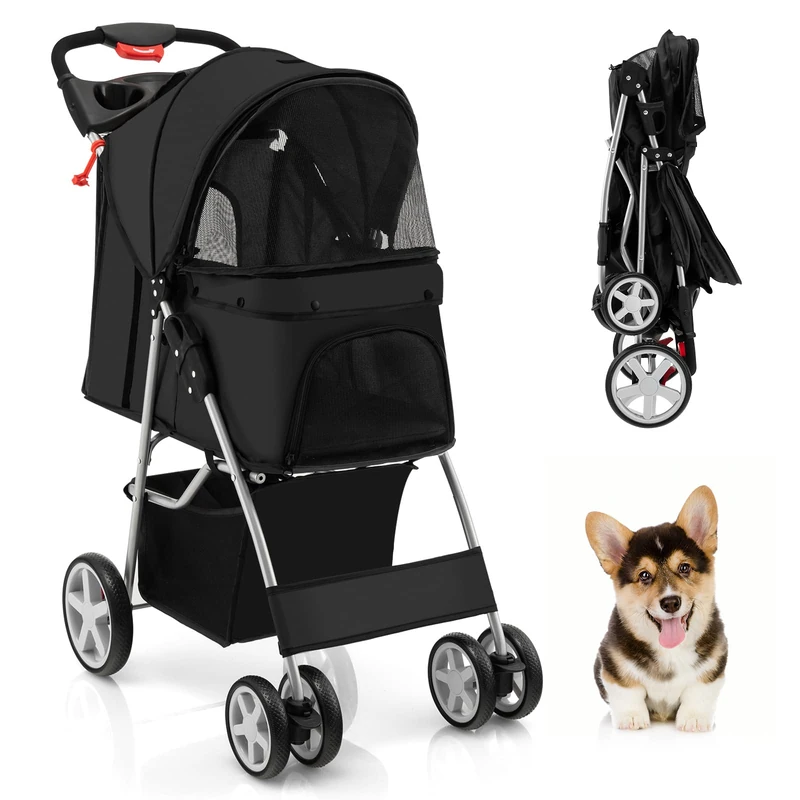 GYMAX Folding Pet Stroller, Portable Pet Travel Pushchair with 4 Wheels, Safety Belt, Mesh Windows and Cup Holder, Pets Travel Carrier Carriage for Dogs and Cats (Black)