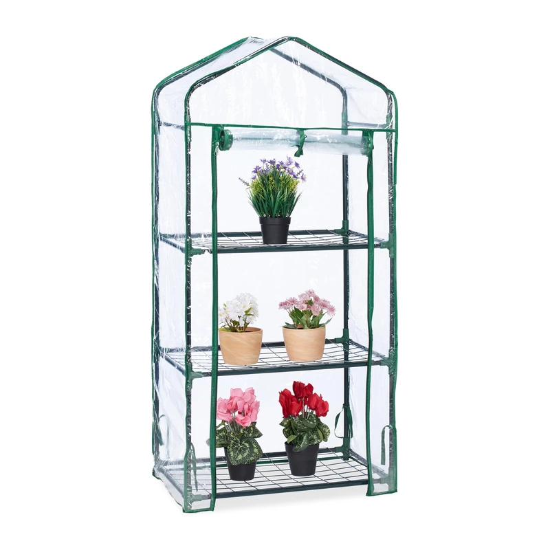 Relaxdays Small Greenhouse for Balcony, 3 Shelves, Metal & Plastic, Plant Cultivation, 128x60x40 cm, Green/Transparent