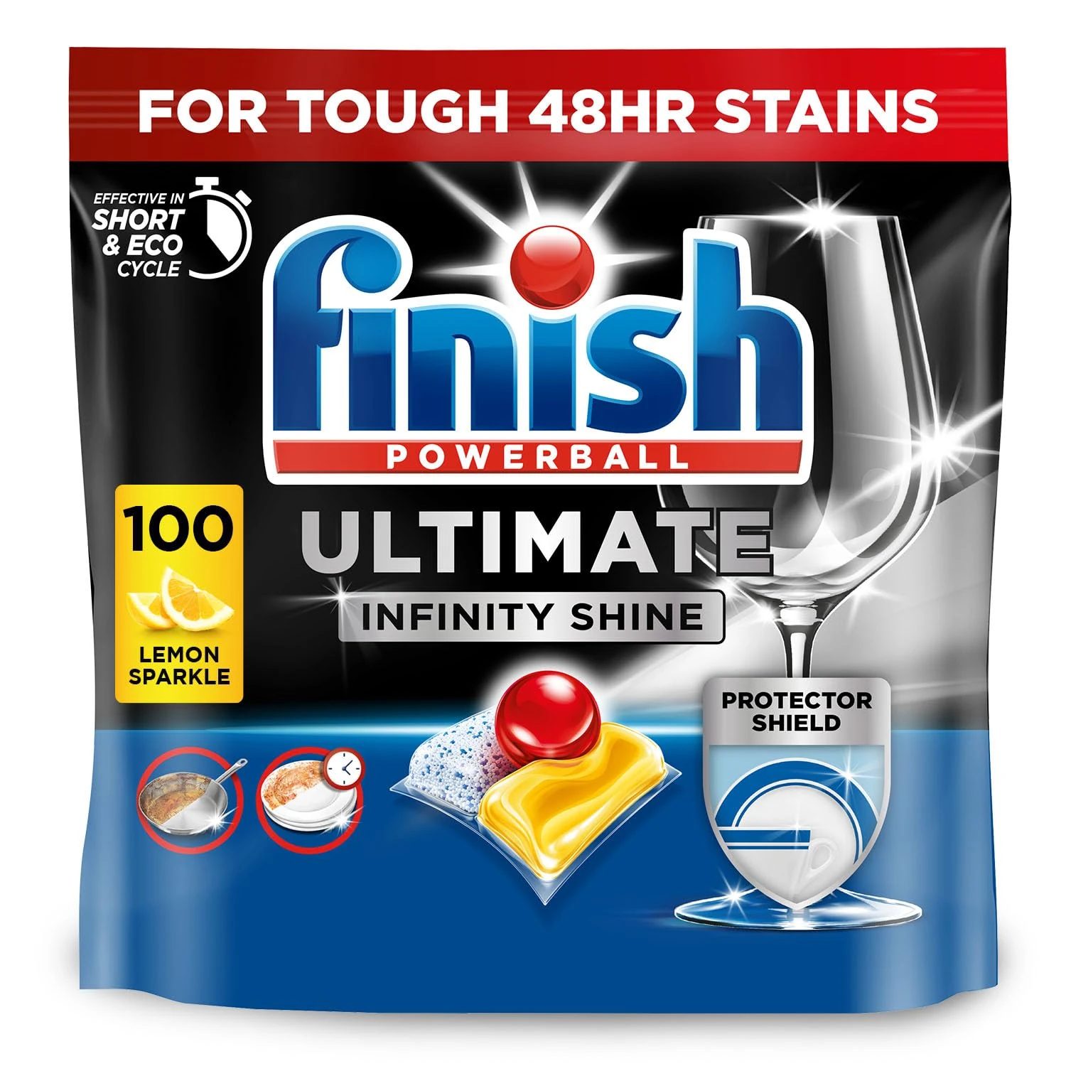 Finish Dishwasher Tablet, Ultimate Infinity Shine, 100 Tablets, Lemon Sparkle, Clean & Shine Detergent Tabs, Tough on Grease Stains, Effective for Short Eco Cycle