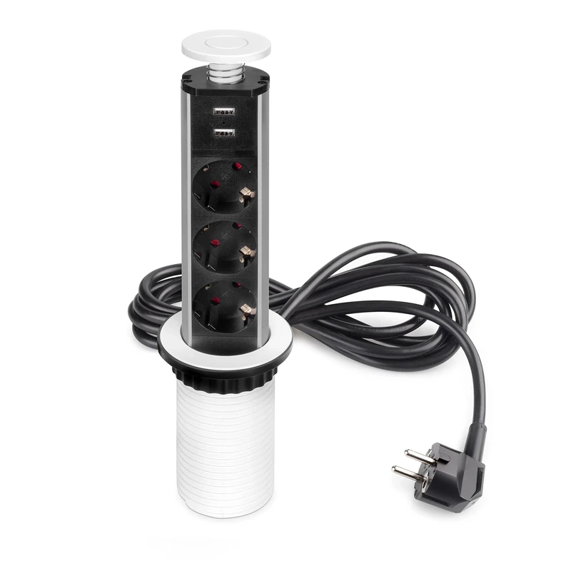 Emuca - Pop up power tower with 3 EU sockets and 2 USB charging ports, pull up socket with usb for kitchen worktop or desk table, White painted, Plastic and Aluminium