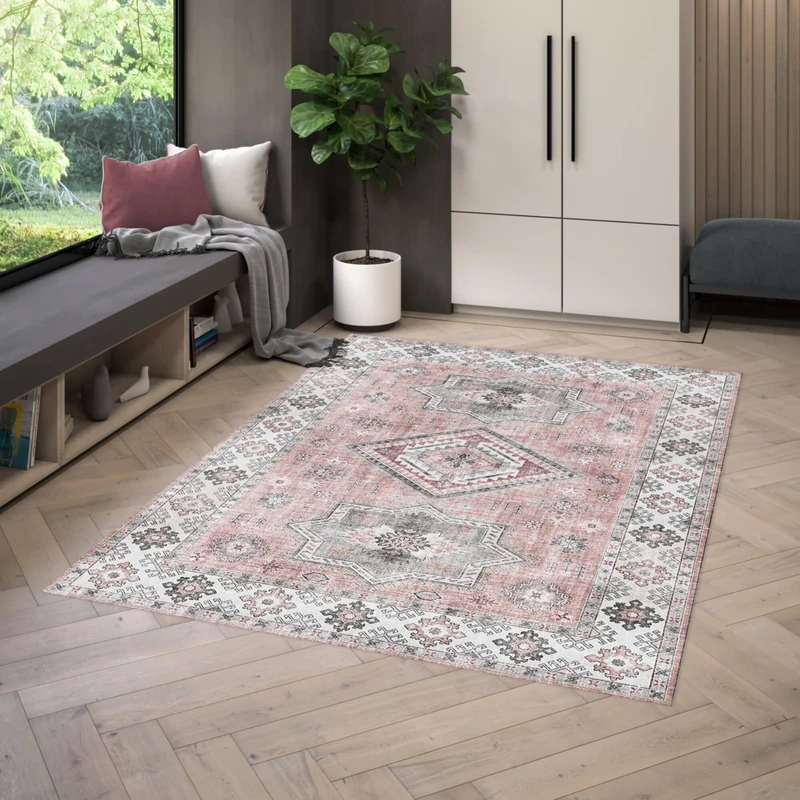 BALTA Modern Design Rug Vintage Pink Print for Indoor – Living Room Bedroom Carpet 160 x 230 cm Old Medallion Mechanically Woven 100% Polyester 160 x 230 cm Grey – Pink - Image 1