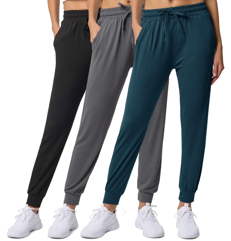 Real Essentials 3 Pack: Women's Ultra-Soft Lounge Joggers Athletic Yoga Pants with Pockets & Drawstring, Set 9, XXL