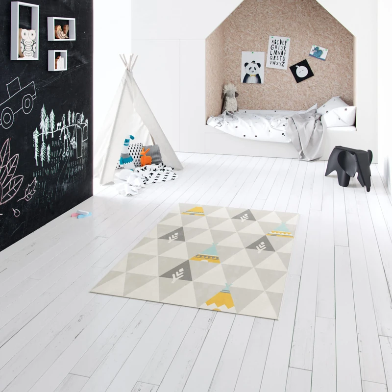 BALTA Children's Rug, Rectangular Short Pile Rug, Ideal for Children's Room, Playroom, Easy Care, Dirt-Repellent Rug, Teepee, 100% Polypropylene, 120 x 170 cm, Beige - Grey - Image 1