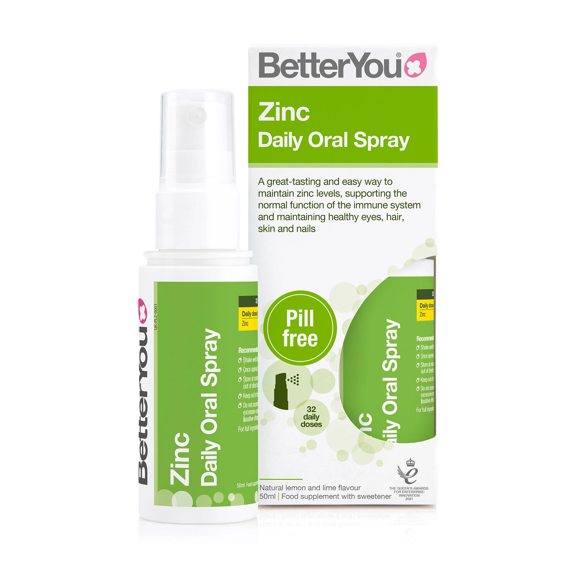 BetterYou Zinc Oral Spray Supplement, Fast Acting Zinc Bisglycinate Chelate Supplement for Immune System Support, 1-Month Supply, Made in The UK, Natural Lemon and Lime Flavour