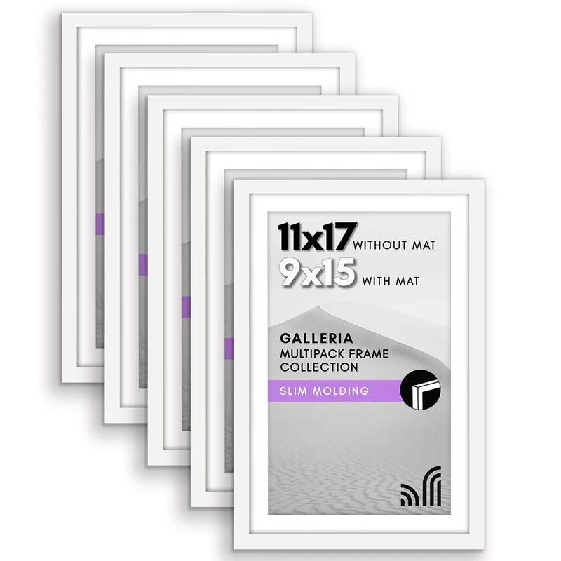 Americanflat 11x17 Picture Frame With Polished Plexiglass - Set of 5 - Use as 9x15 With Mat or 11x17 Without Mat - Galleria Collection - Gallery Wall Set for Wall Display - White