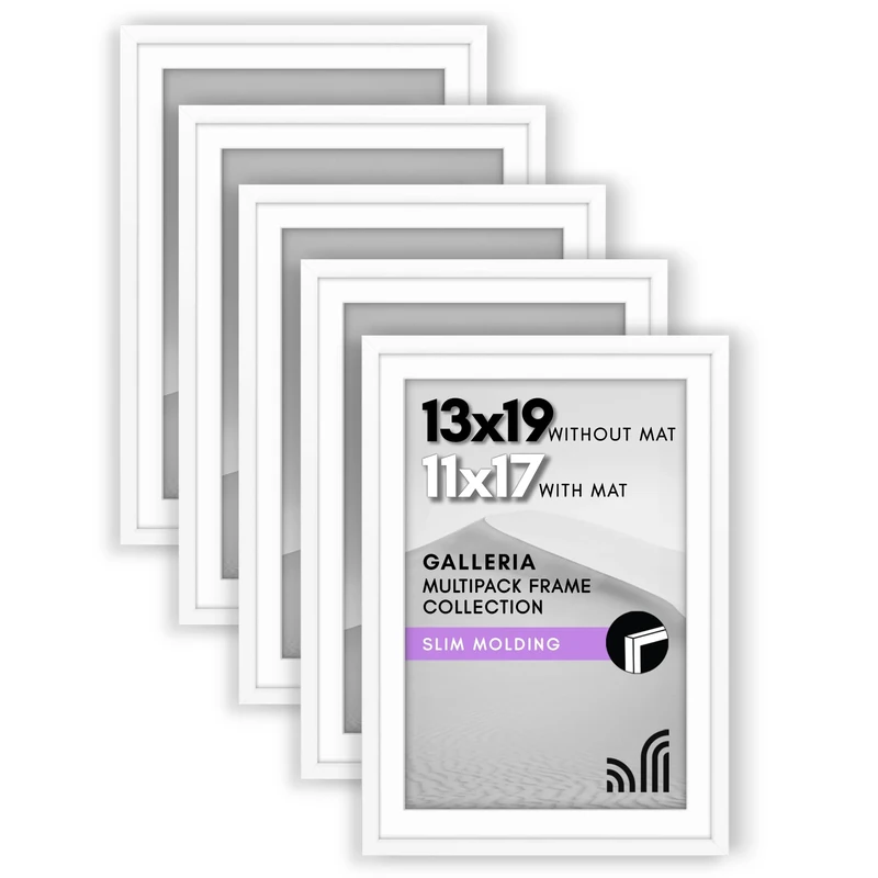 Americanflat 13x19 Picture Frame With Polished Plexiglass - Set of 5 - Use as 11x17 With Mat or 13x19 Without Mat - Galleria Collection - Gallery Wall Set for Wall Display - White