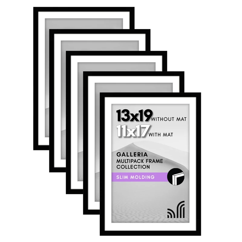 Americanflat 13x19 Picture Frame With Polished Plexiglass - Set of 5 - Use as 11x17 With Mat or 13x19 Without Mat - Galleria Collection - Gallery Wall Set for Wall Display - Black