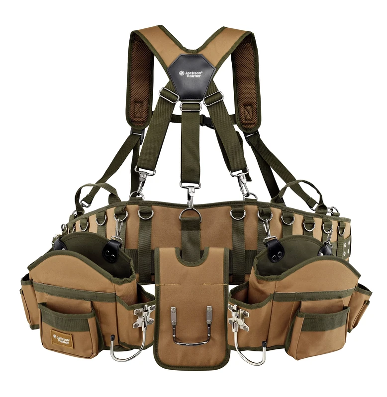 Jackson Palmer Professional Comfort-Rig Tool Belt with Adjustable Suspenders (Detachable Pockets & 2 Power Tool Hooks) - Tan & Green