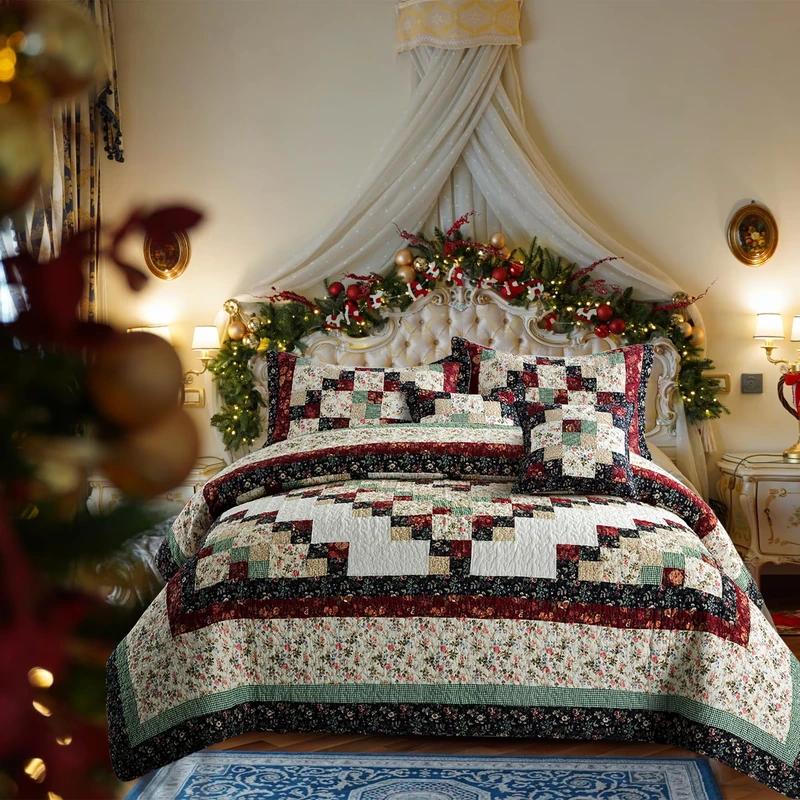 NIUDÉCOR HOME Genuine Patchwork Quilt King Size100% Cotton Soft Bedspread Reversible Vintage Plaid Red Floral Coverlet Bedding Sets 3 Piece