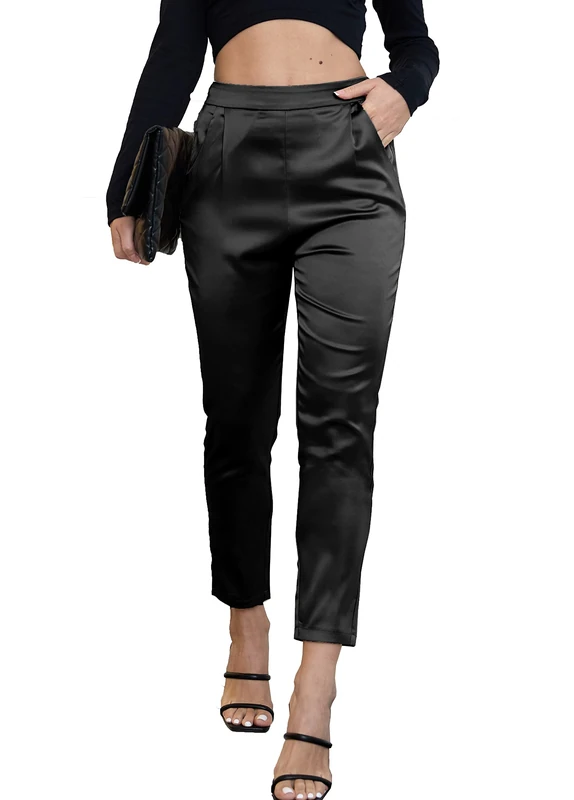 heipeiwa Women's Satin Pants Dress Casual Pleated Pull on High Waist Pants with Pockets, Drapeblack, Large