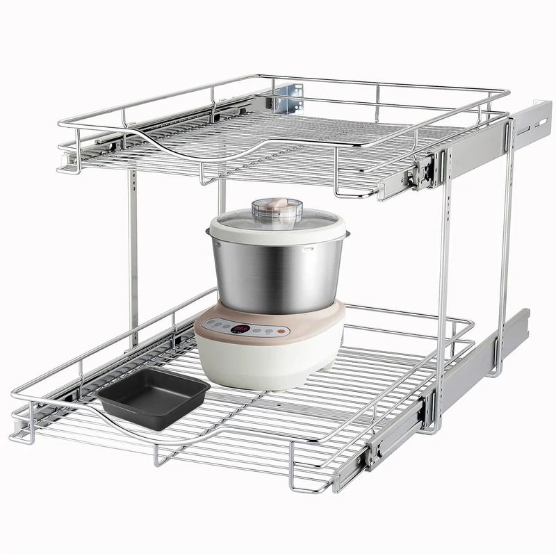 DINDON 2 Tier Pull Out Cabinet Organizer (20" W X 18" D), Double Tier Wire Basket Slide Out Shelf Storage for Kitchen Base Cabinet Organization for Kitchen, Pantry, Bathroom, Chrome