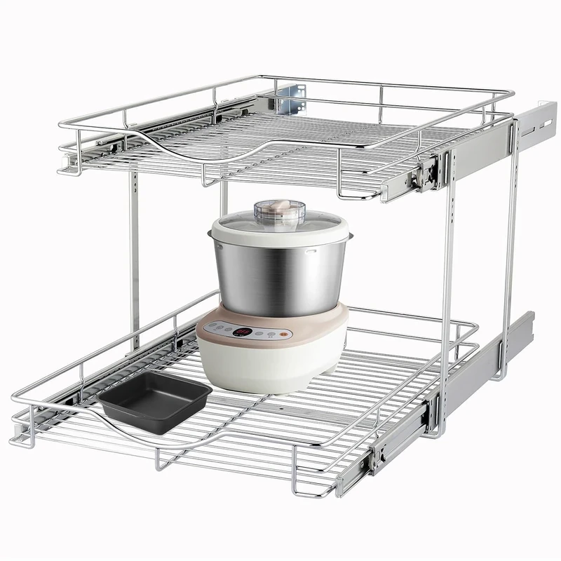 DINDON 2 Tier Pull Out Cabinet Organizer (14" W X 18" D), Double Tier Wire Basket Slide Out Shelf Storage for Kitchen Base Cabinet Organization for Kitchen, Pantry, Bathroom, Chrome