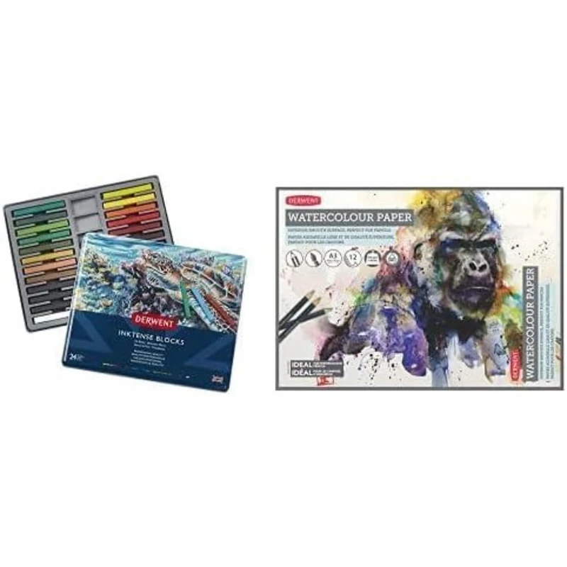 Derwent Inktense Permanent Watersoluble Blocks, Drawing & Painting, Set Of 24, 2300443 & A3 Watercolour Paper Pad, 12 Sheets, Acid-Free Paper, 2301971