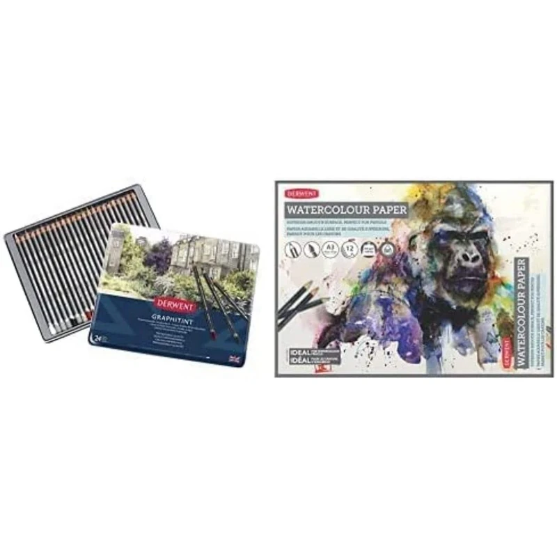 Derwent Graphitint Tinted Graphite Drawing Pencils, Set Of 24, Watersoluble, 0700803 & A3 Watercolour Paper Pad, 12 Sheets, Acid-Free Paper, Ideal For Water Soluble Pencils, 2301971